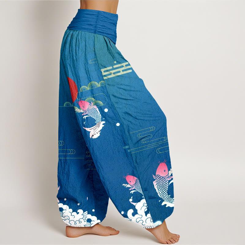 Nimara Ritual Koi Fish Red Sun Waves Clouds Pattern Women's Elastic Waist Harem Pure Cotton Pants