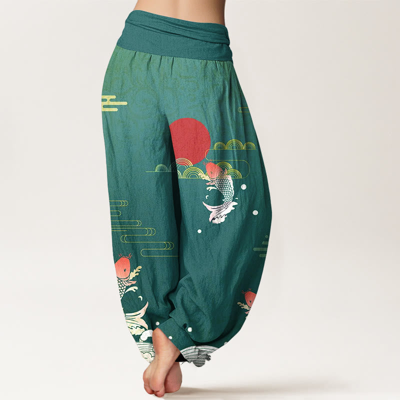 Nimara Ritual Koi Fish Red Sun Waves Clouds Pattern Women's Elastic Waist Harem Pure Cotton Pants