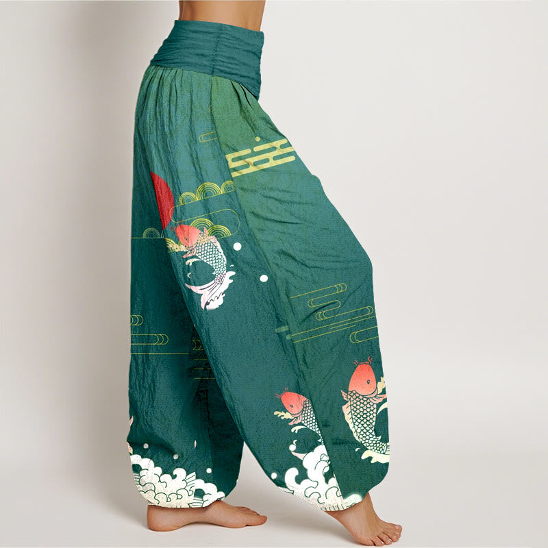 Nimara Ritual Koi Fish Red Sun Waves Clouds Pattern Women's Elastic Waist Harem Pure Cotton Pants