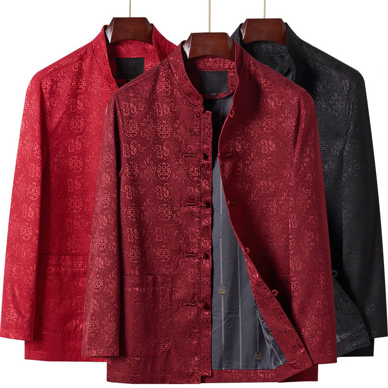 Nimara Ritual Embroidery Pattern Stand Collar Long Sleeve Men's Tang Suit Jacket With Pockets