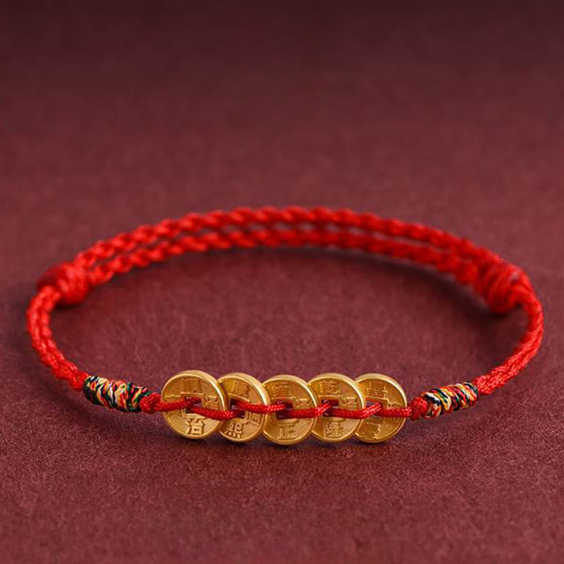 Nimara Ritual Five Copper Coins Design Braided String Protection Bracelet Anklet