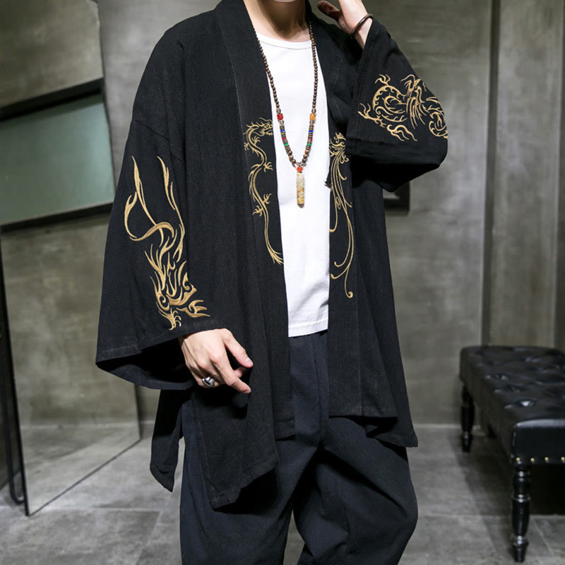 Nimara Ritual Dragon Phoenix Open Front Long Sleeve Jacket Men's Cotton Kimono