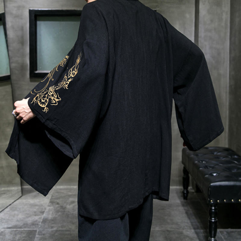 Nimara Ritual Dragon Phoenix Open Front Long Sleeve Jacket Men's Cotton Kimono