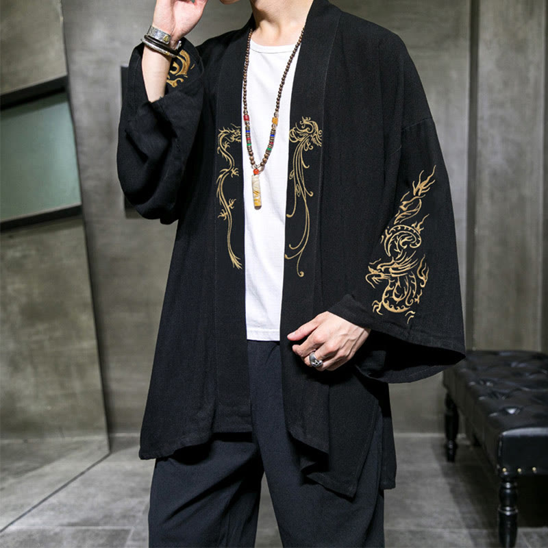 Nimara Ritual Dragon Phoenix Open Front Long Sleeve Jacket Men's Cotton Kimono