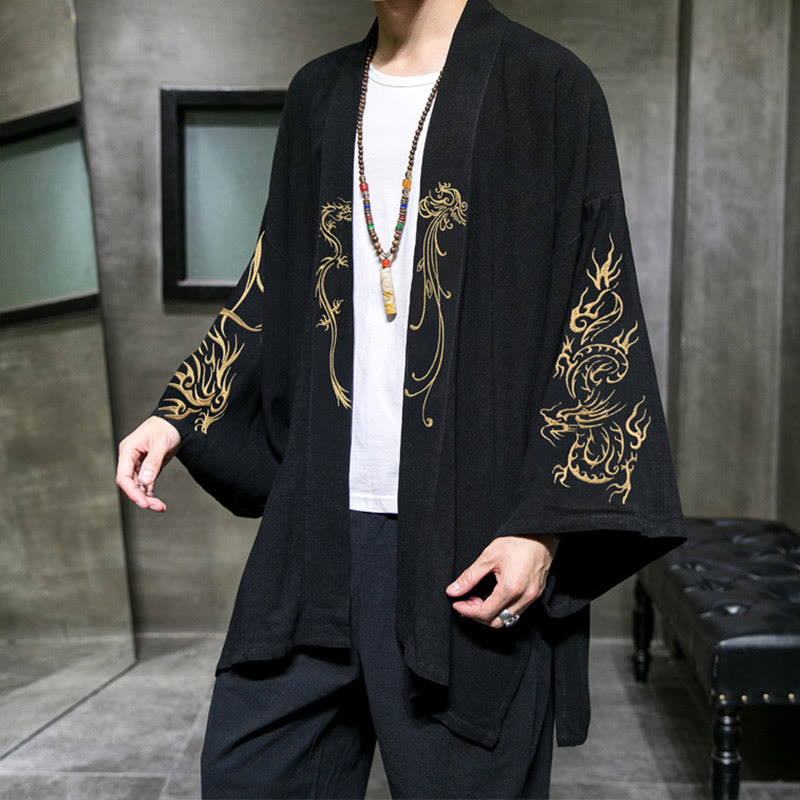 Nimara Ritual Dragon Phoenix Open Front Long Sleeve Jacket Men's Cotton Kimono