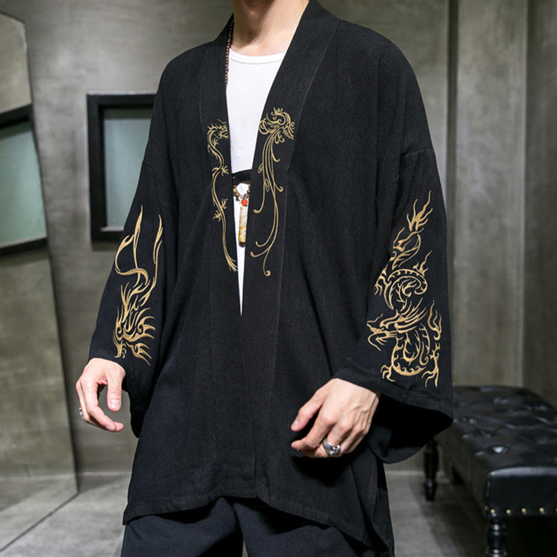 Nimara Ritual Dragon Phoenix Open Front Long Sleeve Jacket Men's Cotton Kimono