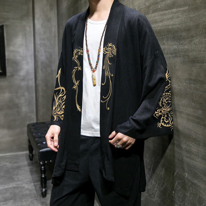 Nimara Ritual Dragon Phoenix Open Front Long Sleeve Jacket Men's Cotton Kimono