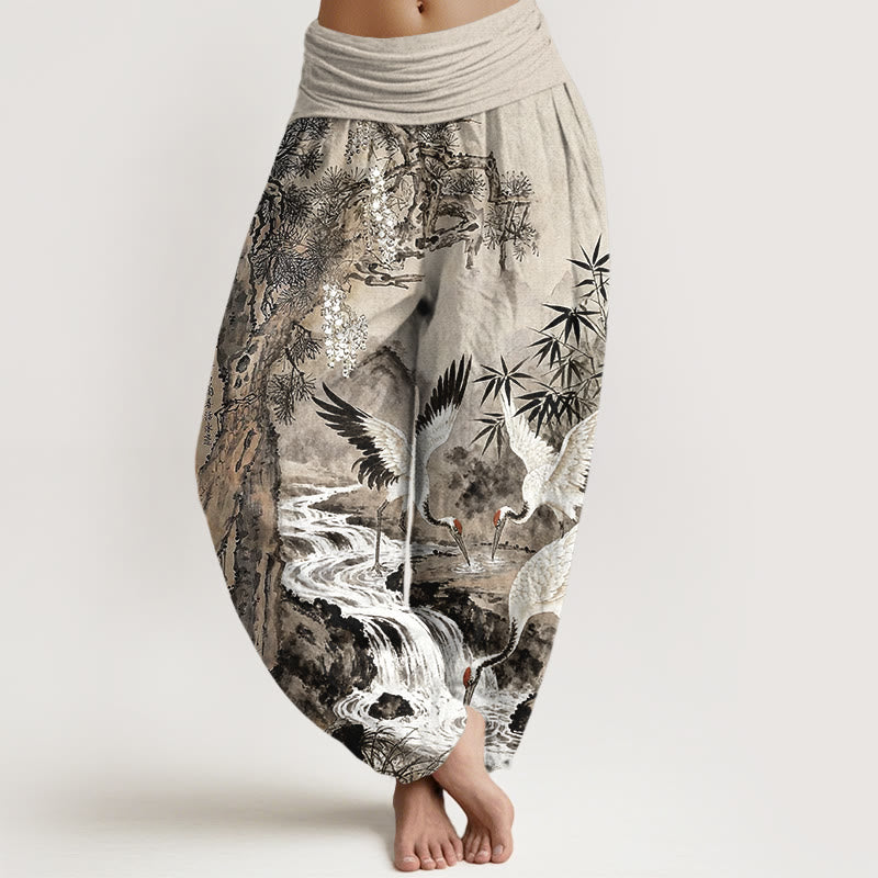 Nimara Ritual Pure Cotton Red-crowned Crane Stream Pattern Women's Elastic Waist Harem Pants