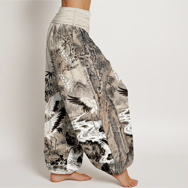 Nimara Ritual Pure Cotton Red-crowned Crane Stream Pattern Women's Elastic Waist Harem Pants