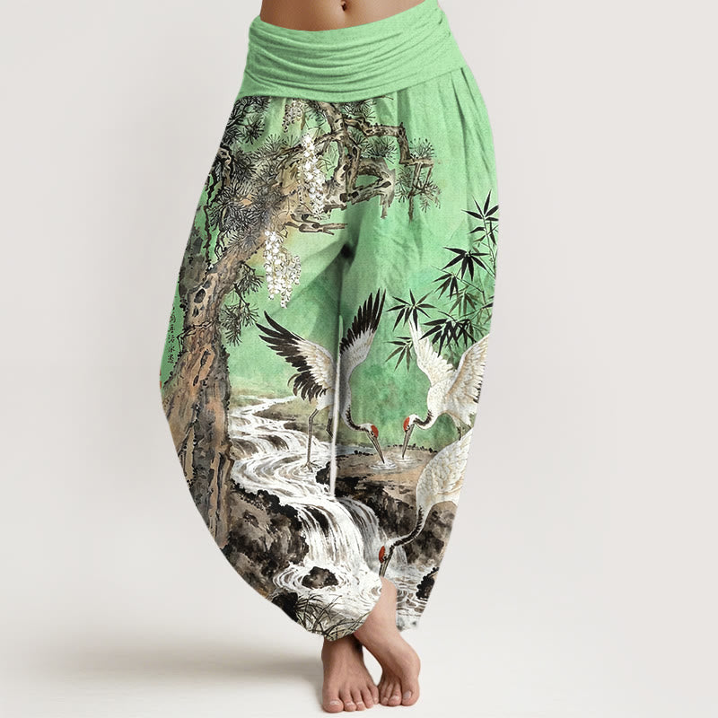 Nimara Ritual Pure Cotton Red-crowned Crane Stream Pattern Women's Elastic Waist Harem Pants