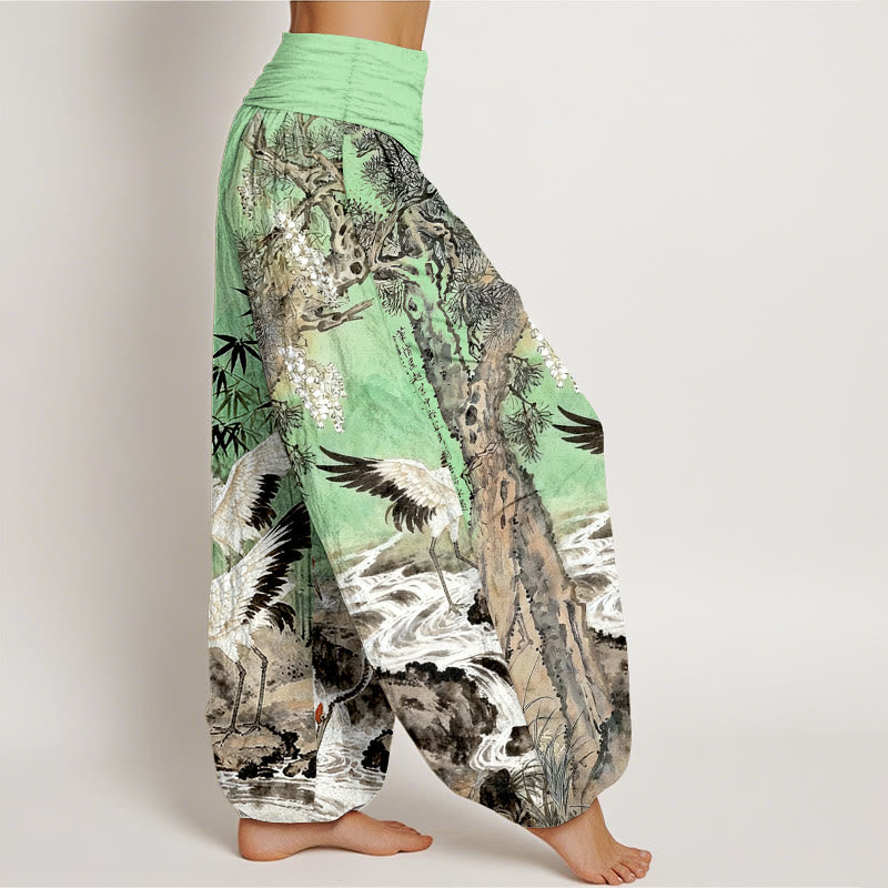 Nimara Ritual Pure Cotton Red-crowned Crane Stream Pattern Women's Elastic Waist Harem Pants