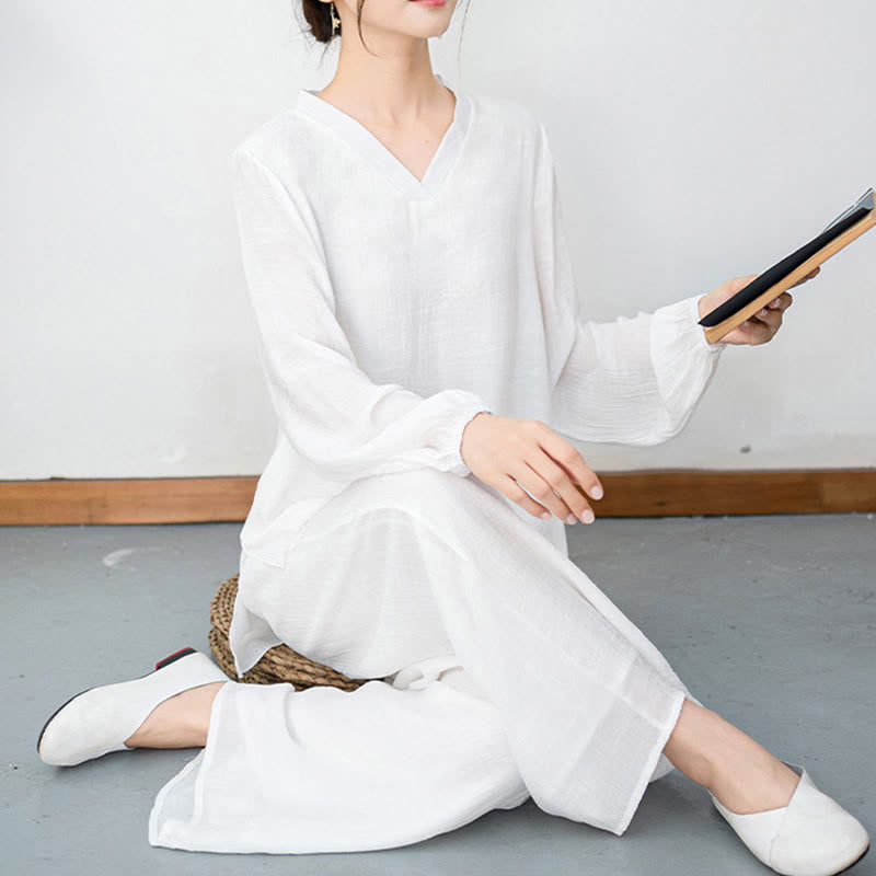 Nimara Ritual 2Pcs White Long Sleeve V-Neck Shirt Wide Leg Pants Meditation Women's Set