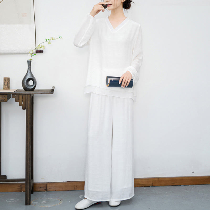 Nimara Ritual 2Pcs White Long Sleeve V-Neck Shirt Wide Leg Pants Meditation Women's Set