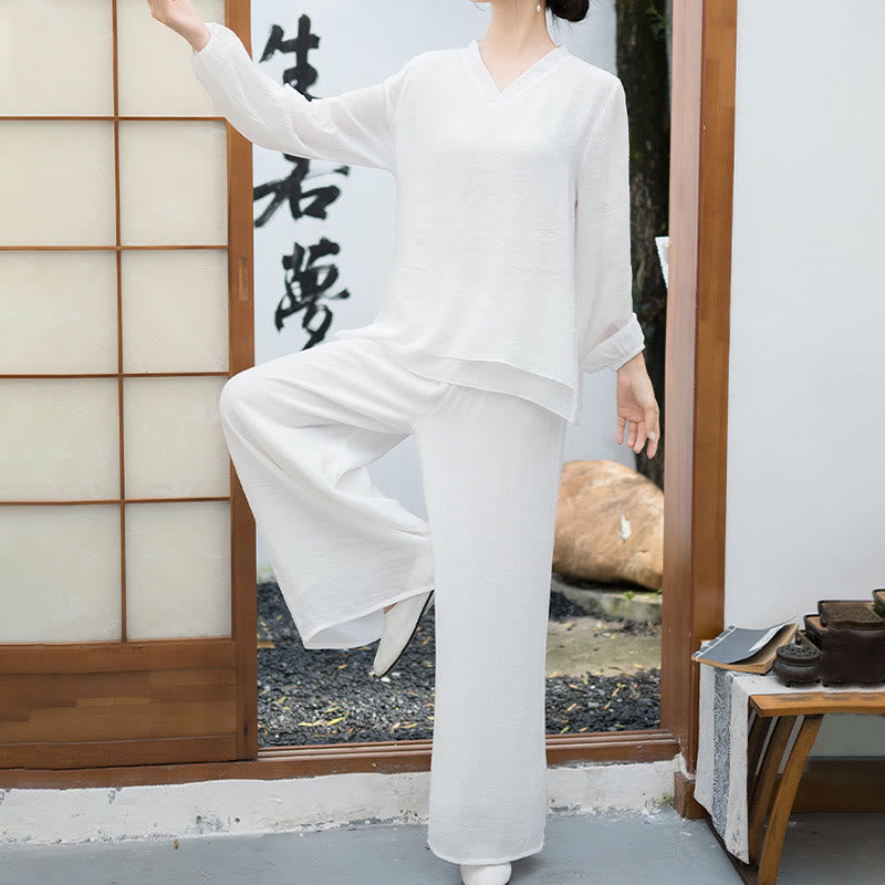 Nimara Ritual 2Pcs White Long Sleeve V-Neck Shirt Wide Leg Pants Meditation Women's Set