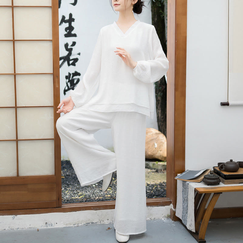 Nimara Ritual 2Pcs White Long Sleeve V-Neck Shirt Wide Leg Pants Meditation Women's Set