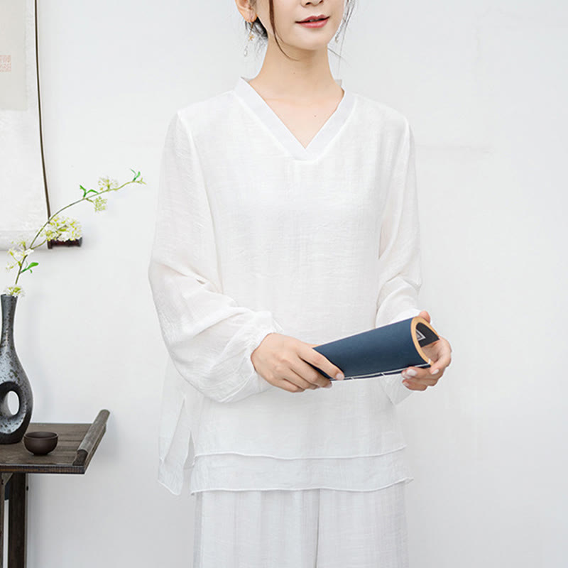 Nimara Ritual 2Pcs White Long Sleeve V-Neck Shirt Wide Leg Pants Meditation Women's Set