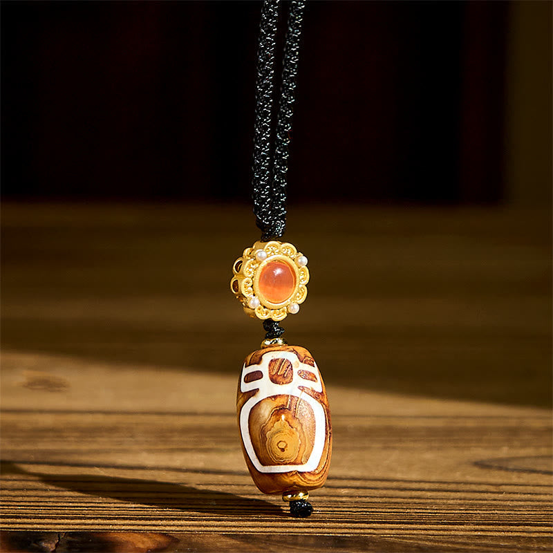 Nimara Ritual Tibetan Agate Carved God of Wealth Nine-eye Dzi Bead Blessing Necklace Pendant