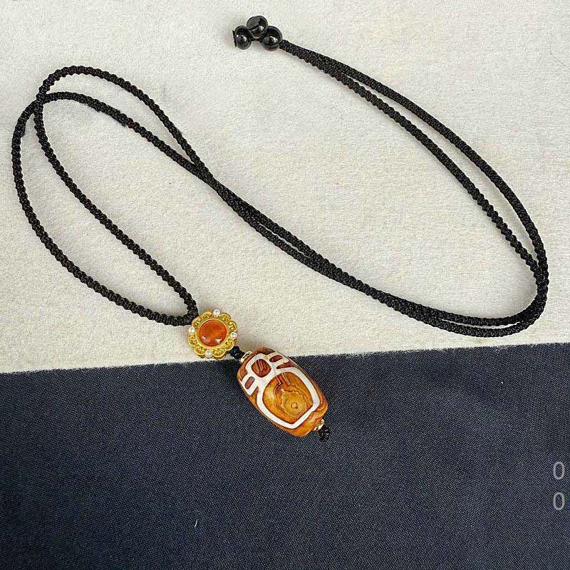 Nimara Ritual Tibetan Agate Carved God of Wealth Nine-eye Dzi Bead Blessing Necklace Pendant