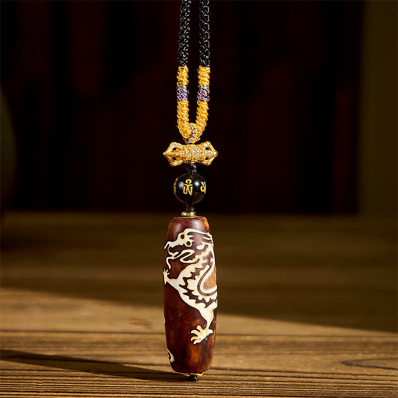 Nimara Ritual Tibetan Agate Dragon Pattern Nine-eye Dzi Protection Necklace Pendant