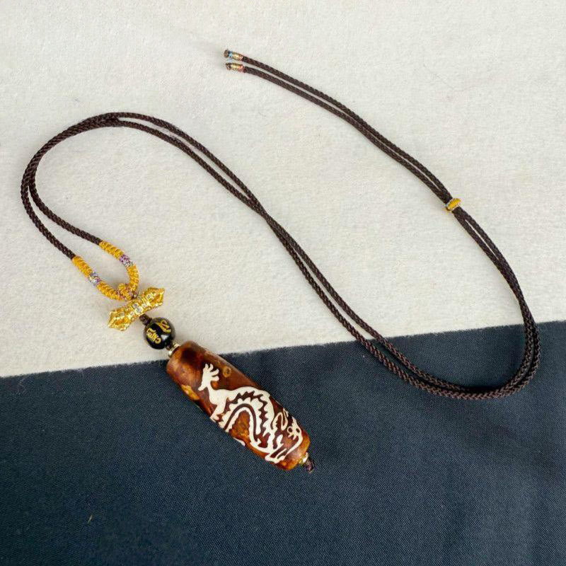 Nimara Ritual Tibetan Agate Dragon Pattern Nine-eye Dzi Protection Necklace Pendant