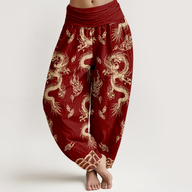 Nimara Ritual Pure Cotton Dragon And Cloud Pattern Women's Elastic Waist Harem Pants