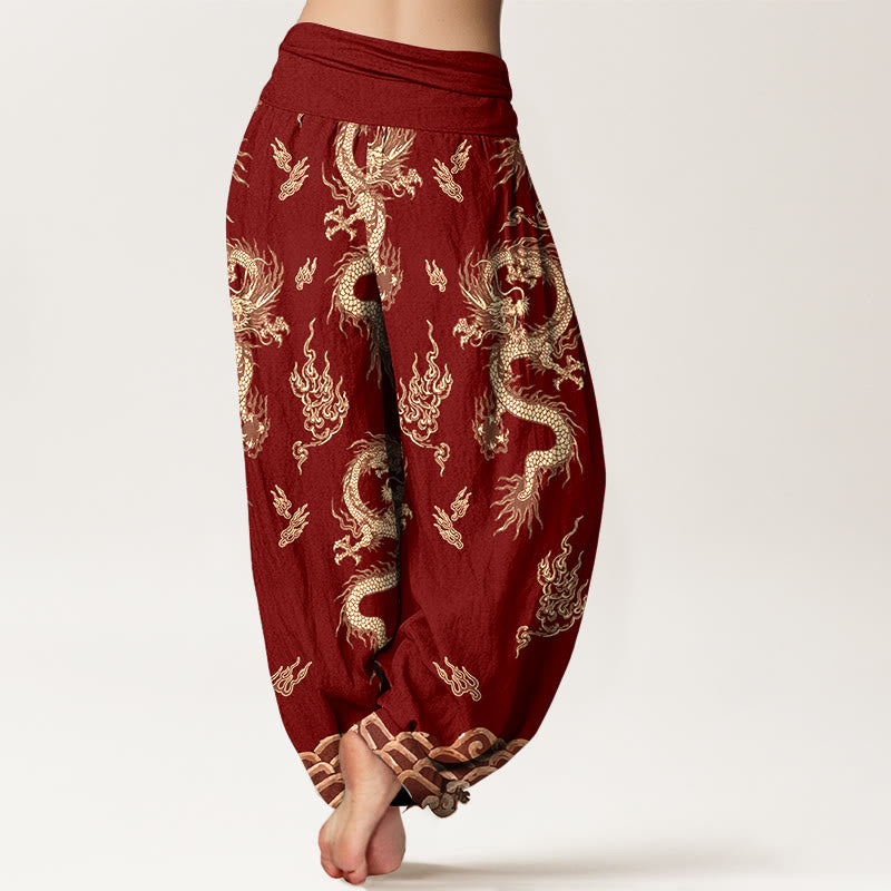 Nimara Ritual Pure Cotton Dragon And Cloud Pattern Women's Elastic Waist Harem Pants