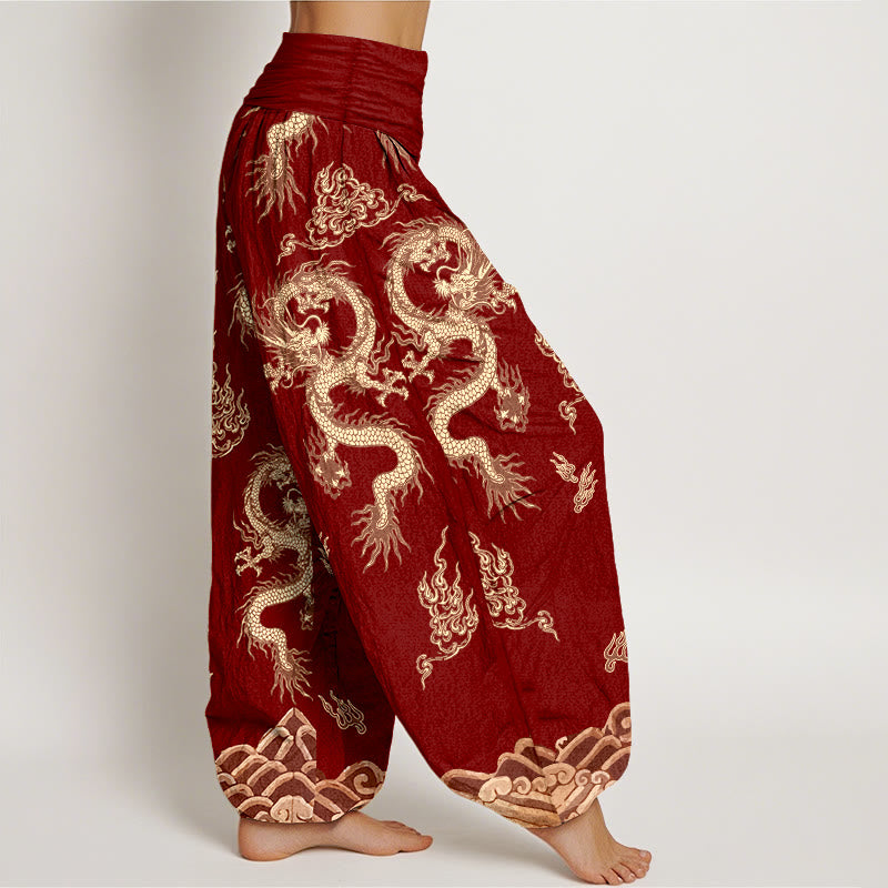 Nimara Ritual Pure Cotton Dragon And Cloud Pattern Women's Elastic Waist Harem Pants