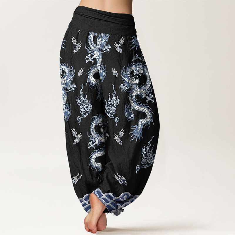 Nimara Ritual Pure Cotton Dragon And Cloud Pattern Women's Elastic Waist Harem Pants