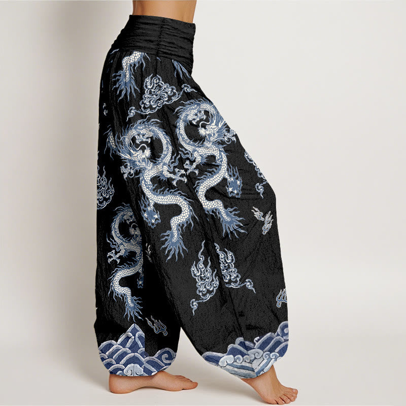 Nimara Ritual Pure Cotton Dragon And Cloud Pattern Women's Elastic Waist Harem Pants