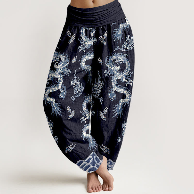 Nimara Ritual Pure Cotton Dragon And Cloud Pattern Women's Elastic Waist Harem Pants