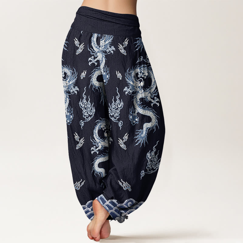 Nimara Ritual Pure Cotton Dragon And Cloud Pattern Women's Elastic Waist Harem Pants