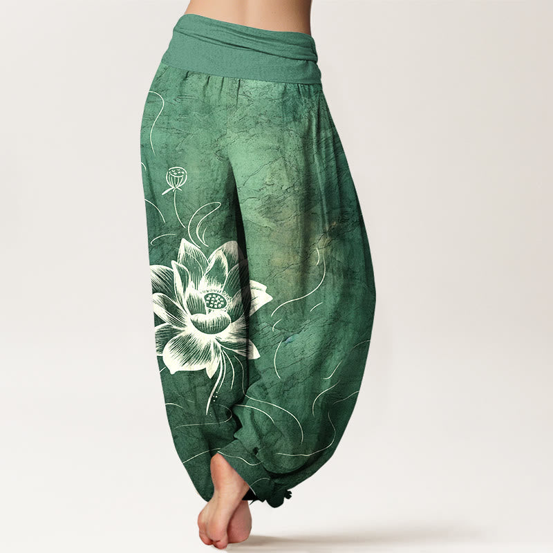 Nimara Ritual Pure Cotton Lotus Flower Pattern Women's Elastic Waist Harem Pants