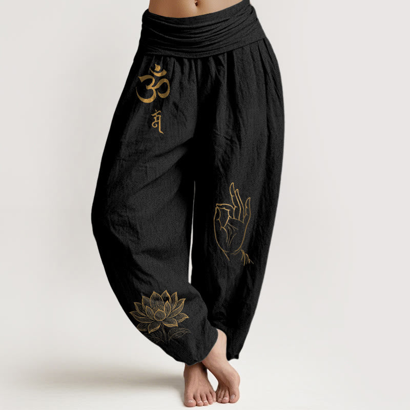 Nimara Ritual Om Dhi Symbols Lotus Buddha's Hand Pattern Women's Elastic Waist Harem Cotton Pants