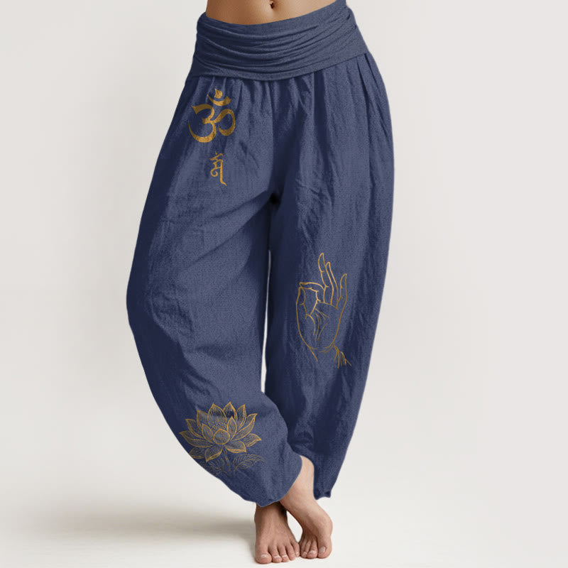 Nimara Ritual Om Dhi Symbols Lotus Buddha's Hand Pattern Women's Elastic Waist Harem Cotton Pants