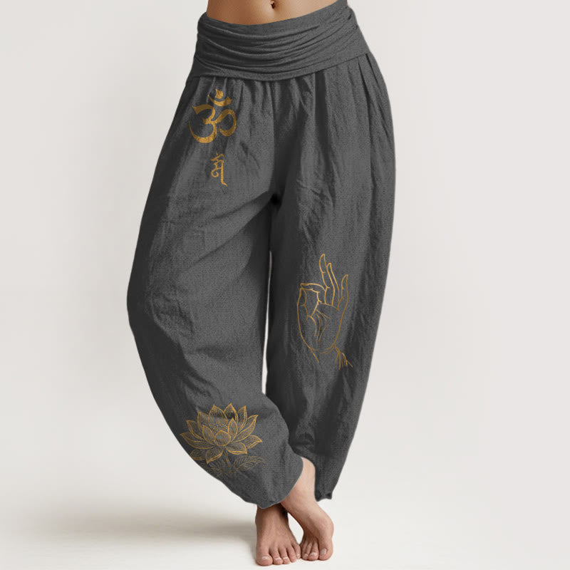 Nimara Ritual Om Dhi Symbols Lotus Buddha's Hand Pattern Women's Elastic Waist Harem Cotton Pants