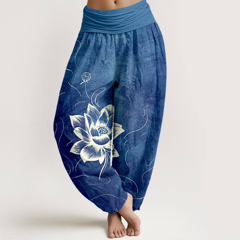 Nimara Ritual Pure Cotton Lotus Flower Pattern Women's Elastic Waist Harem Pants