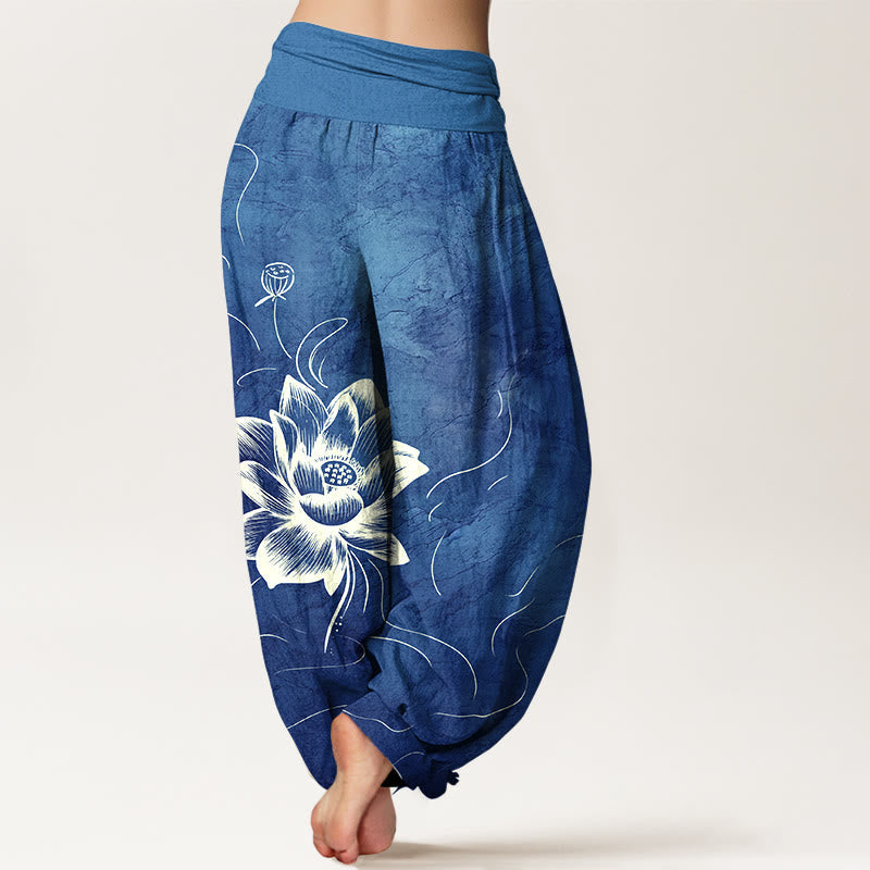 Nimara Ritual Pure Cotton Lotus Flower Pattern Women's Elastic Waist Harem Pants