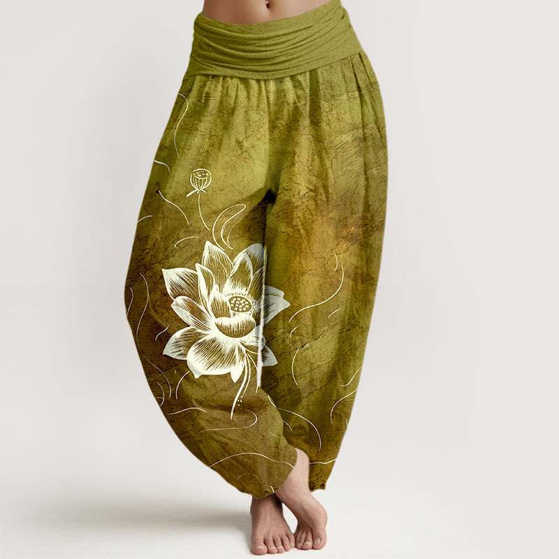 Nimara Ritual Pure Cotton Lotus Flower Pattern Women's Elastic Waist Harem Pants