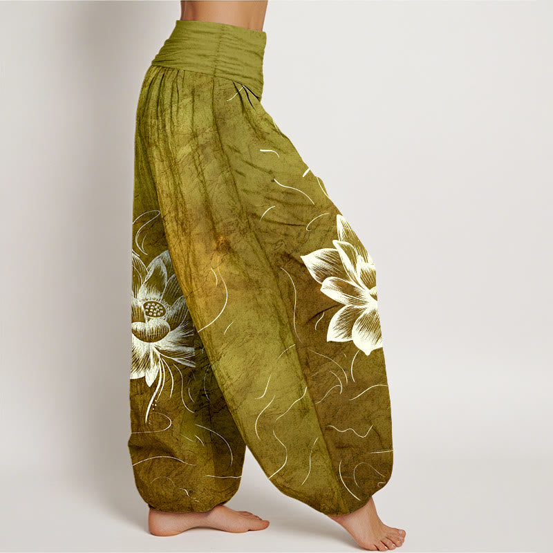Nimara Ritual Pure Cotton Lotus Flower Pattern Women's Elastic Waist Harem Pants