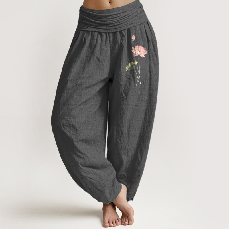 Nimara Ritual Pink Lotus Flower Lotus Leaves Pattern Women's Elastic Waist Harem Pure Cotton Pants