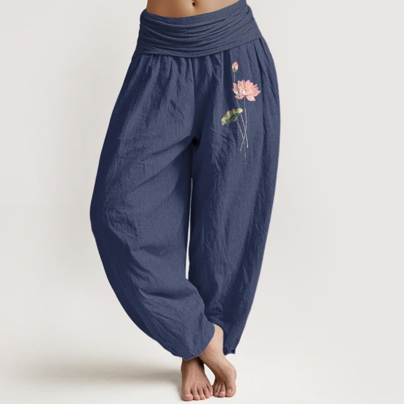 Nimara Ritual Pink Lotus Flower Lotus Leaves Pattern Women's Elastic Waist Harem Pure Cotton Pants