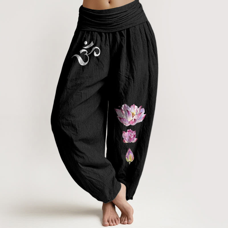 Nimara Ritual Blooming Lotus Om Symbol Pattern Women's Elastic Waist Harem Pure Cotton Pants