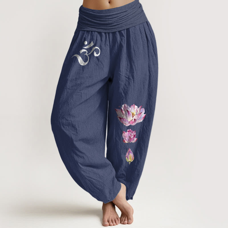 Nimara Ritual Blooming Lotus Om Symbol Pattern Women's Elastic Waist Harem Pure Cotton Pants