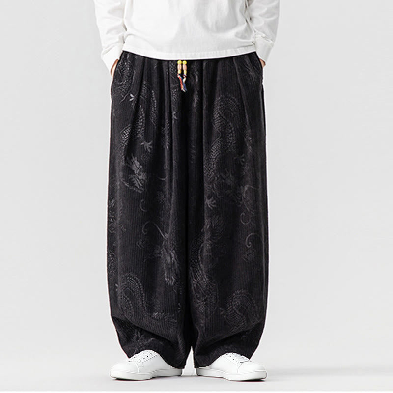 Nimara Ritual Winter Dragon Phoenix Pattern Cotton Corduroy Men's Harem Pants With Pockets