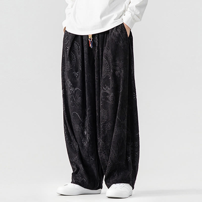 Nimara Ritual Winter Dragon Phoenix Pattern Cotton Corduroy Men's Harem Pants With Pockets