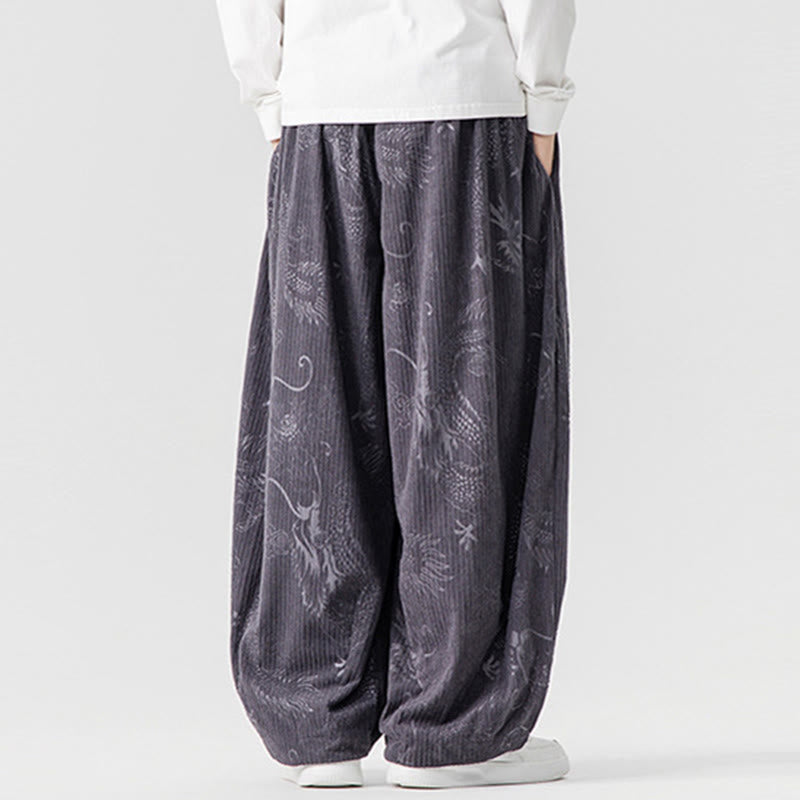 Nimara Ritual Winter Dragon Phoenix Pattern Cotton Corduroy Men's Harem Pants With Pockets