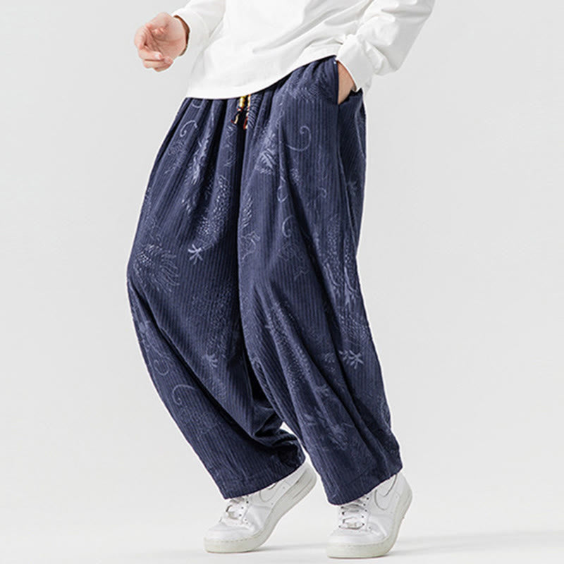 Nimara Ritual Winter Dragon Phoenix Pattern Cotton Corduroy Men's Harem Pants With Pockets