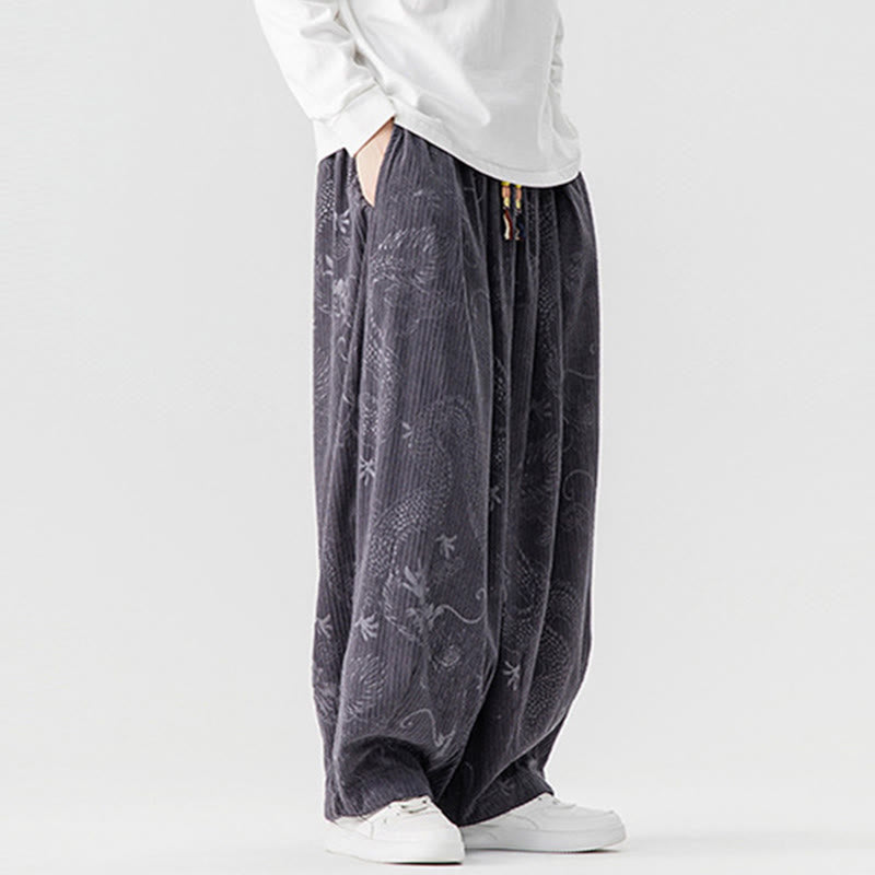 Nimara Ritual Winter Dragon Phoenix Pattern Cotton Corduroy Men's Harem Pants With Pockets