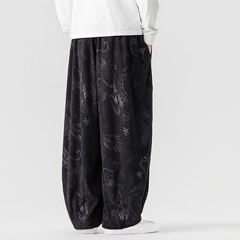 Nimara Ritual Winter Dragon Phoenix Pattern Cotton Corduroy Men's Harem Pants With Pockets