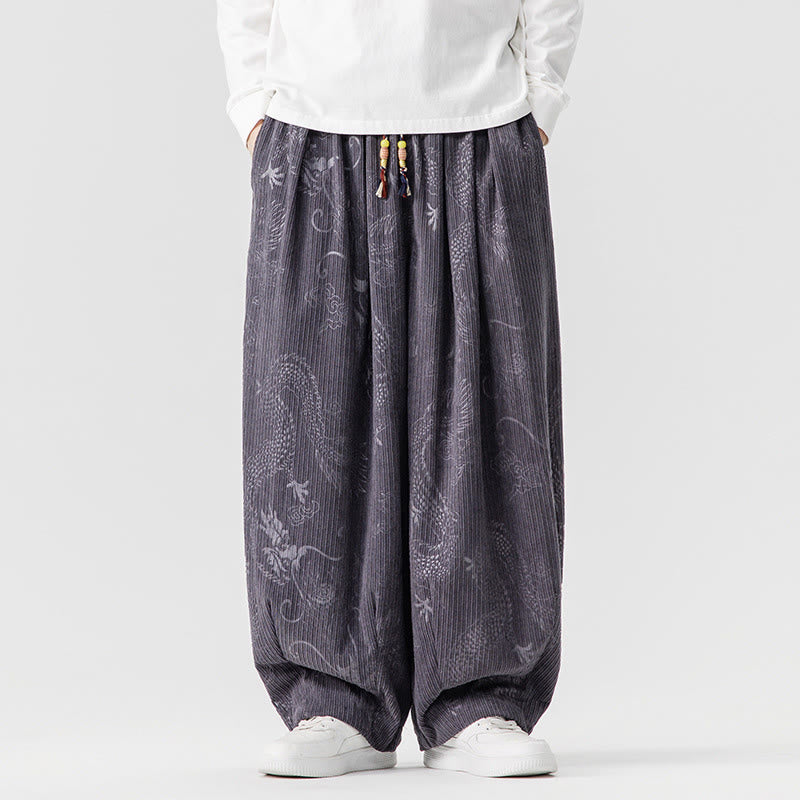 Nimara Ritual Winter Dragon Phoenix Pattern Cotton Corduroy Men's Harem Pants With Pockets